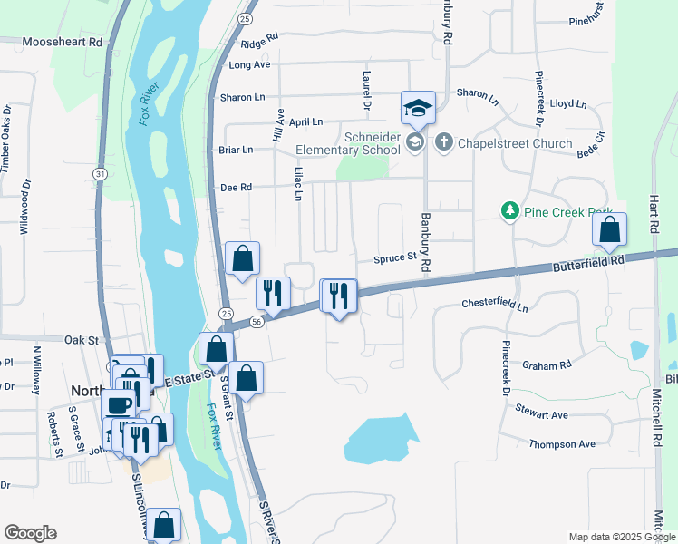 map of restaurants, bars, coffee shops, grocery stores, and more near 201 Linn Court in North Aurora