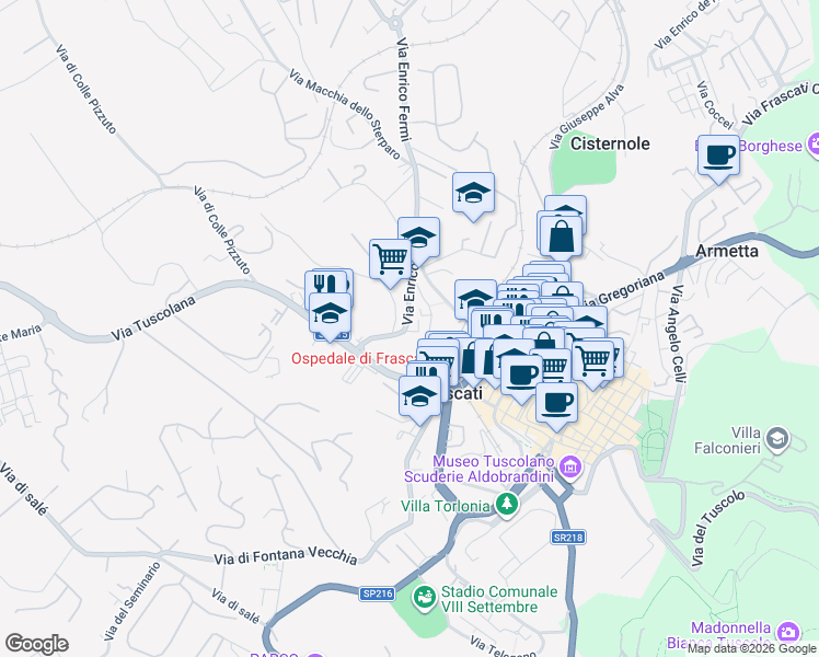 map of restaurants, bars, coffee shops, grocery stores, and more near 10 Via Enrico Fermi in Frascati