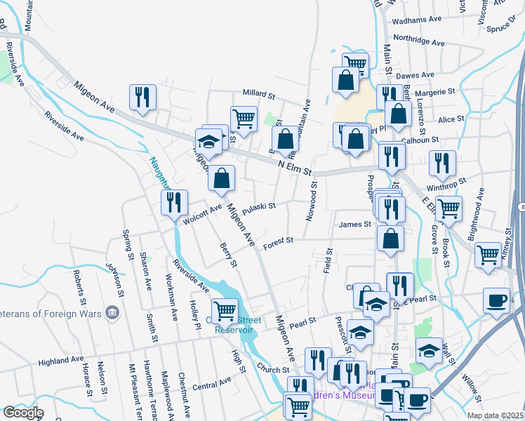map of restaurants, bars, coffee shops, grocery stores, and more near 14 Grace Street in Torrington