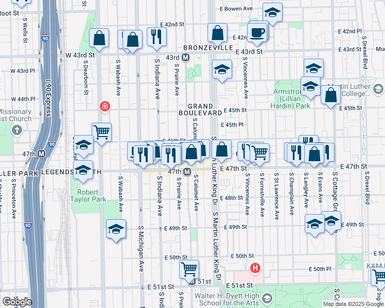map of restaurants, bars, coffee shops, grocery stores, and more near 4603 South Calumet Avenue in Chicago