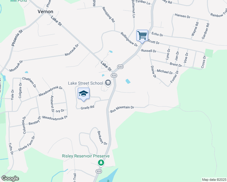 map of restaurants, bars, coffee shops, grocery stores, and more near 201 Lake Street in Vernon