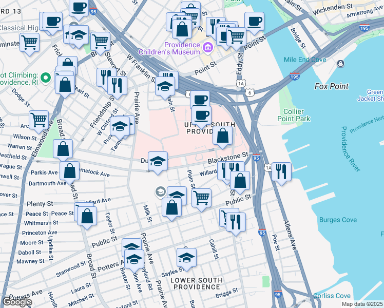 map of restaurants, bars, coffee shops, grocery stores, and more near 101 Dudley Street in Providence