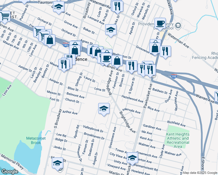 map of restaurants, bars, coffee shops, grocery stores, and more near 74 Brightridge Avenue in East Providence