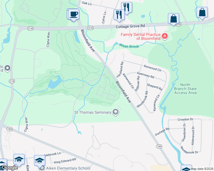 map of restaurants, bars, coffee shops, grocery stores, and more near 2 Francis Way in Bloomfield
