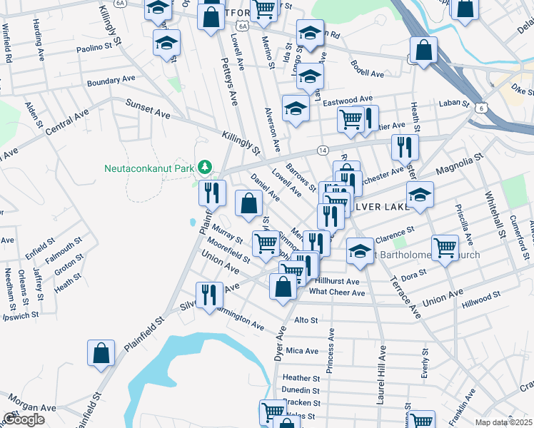 map of restaurants, bars, coffee shops, grocery stores, and more near 67 Daniel Avenue in Providence
