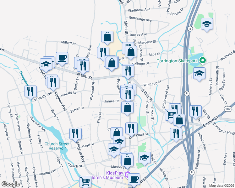 map of restaurants, bars, coffee shops, grocery stores, and more near 16 Torrington Heights Road in Torrington