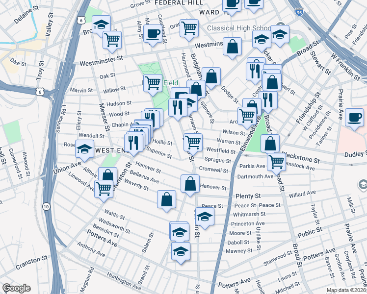 map of restaurants, bars, coffee shops, grocery stores, and more near 79 Warren Street in Providence