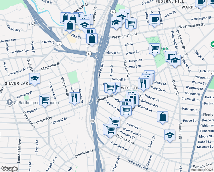 map of restaurants, bars, coffee shops, grocery stores, and more near 194 Wendell Street in Providence