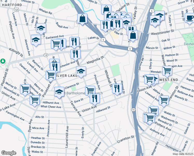 map of restaurants, bars, coffee shops, grocery stores, and more near 89 Clarence Street in Providence