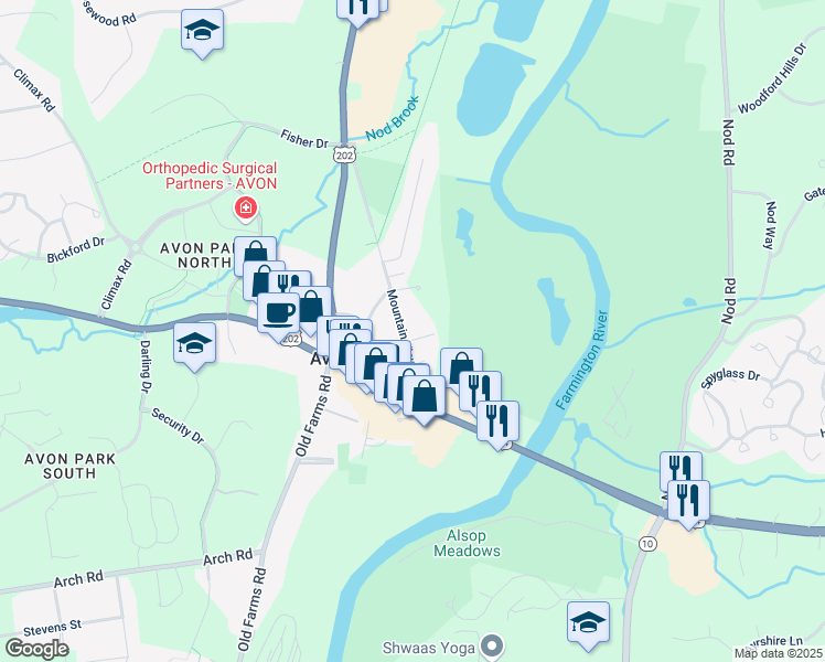 map of restaurants, bars, coffee shops, grocery stores, and more near 41 Mountain View Avenue in Avon