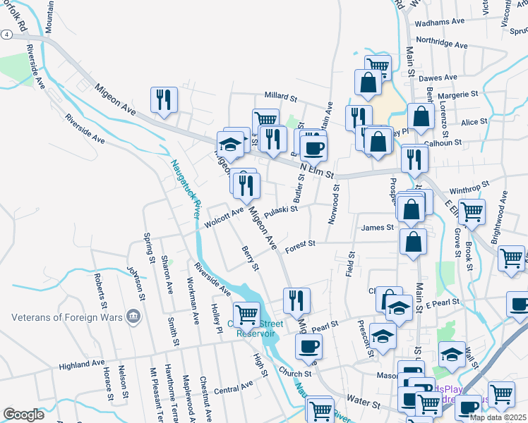 map of restaurants, bars, coffee shops, grocery stores, and more near 410 Migeon Avenue in Torrington