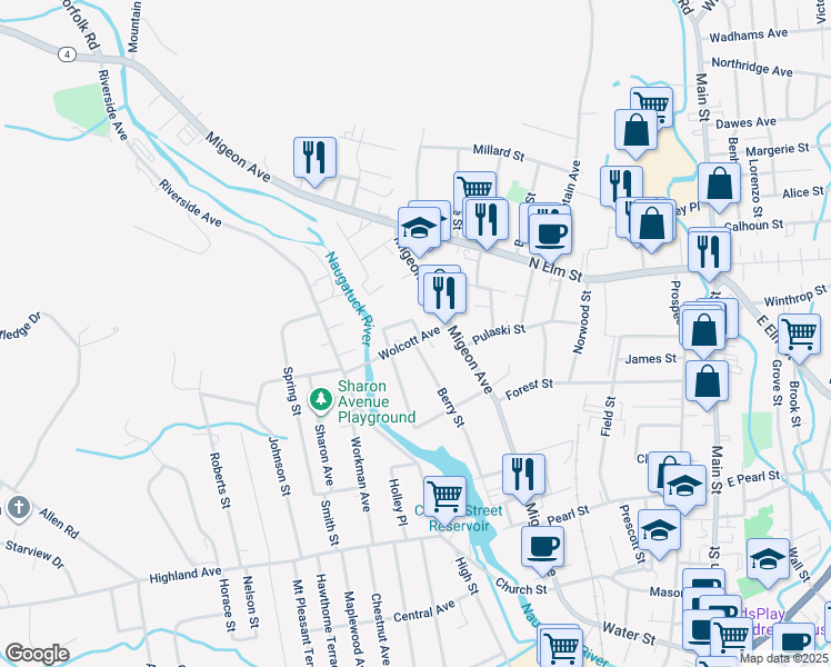 map of restaurants, bars, coffee shops, grocery stores, and more near 427 Migeon Avenue in Torrington