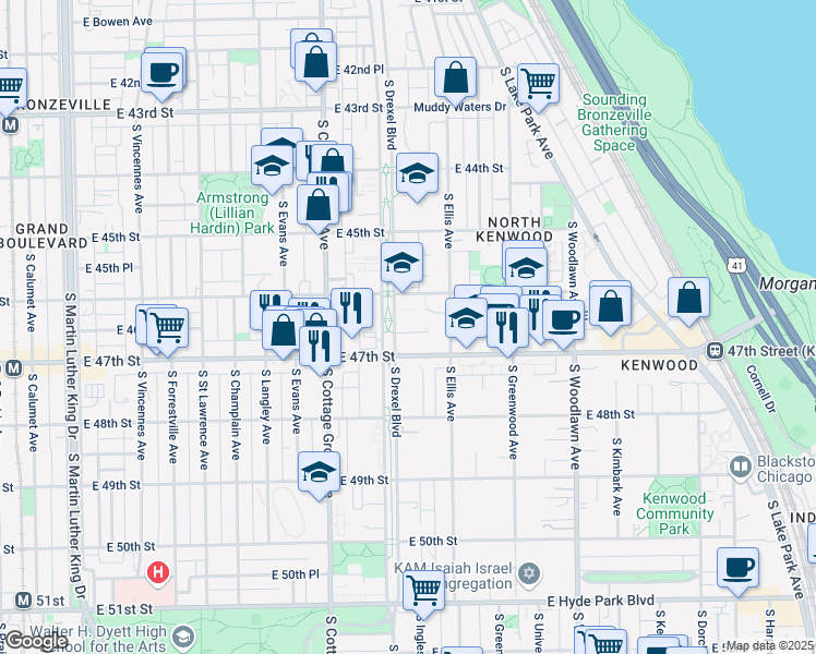map of restaurants, bars, coffee shops, grocery stores, and more near 925 East 46th Street in Chicago