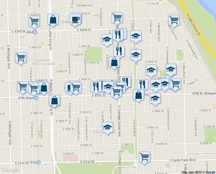 map of restaurants, bars, coffee shops, grocery stores, and more near 4611 South Evans Avenue in Chicago