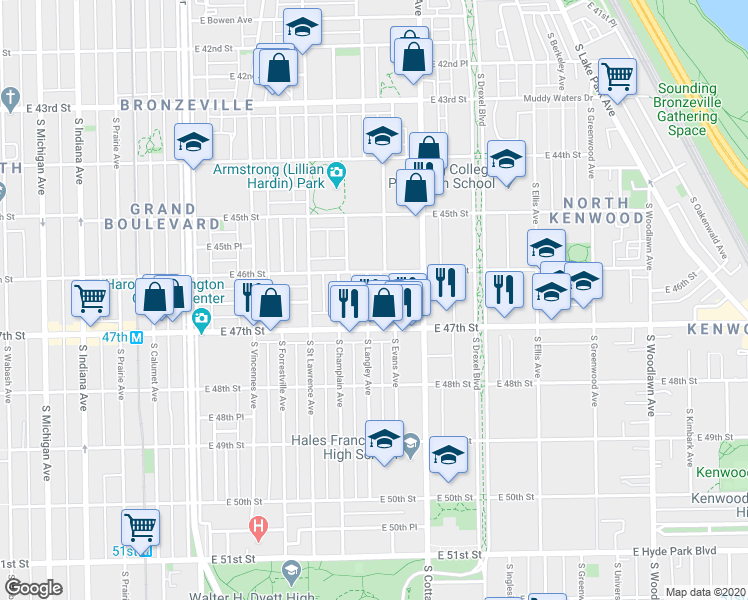 map of restaurants, bars, coffee shops, grocery stores, and more near 4604 South Langley Avenue in Chicago