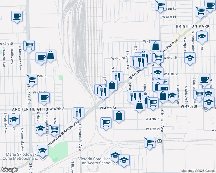 map of restaurants, bars, coffee shops, grocery stores, and more near 4523 South Drake Avenue in Chicago