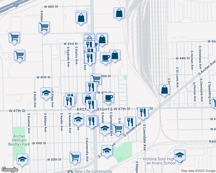 map of restaurants, bars, coffee shops, grocery stores, and more near 4516 South Springfield Avenue in Chicago