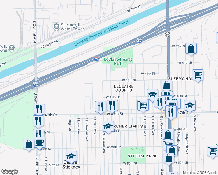map of restaurants, bars, coffee shops, grocery stores, and more near 4501 South Leamington Avenue in Chicago