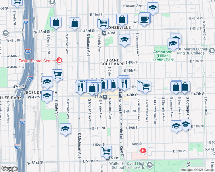 map of restaurants, bars, coffee shops, grocery stores, and more near 4603 South Calumet Avenue in Chicago
