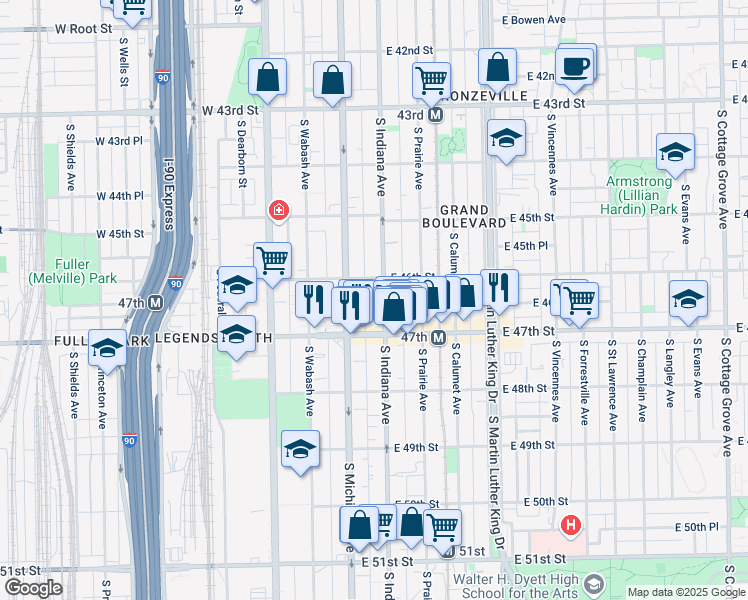 map of restaurants, bars, coffee shops, grocery stores, and more near 4601 South Indiana Avenue in Chicago