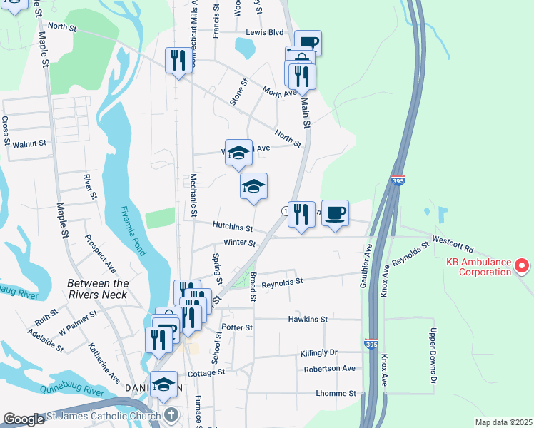 map of restaurants, bars, coffee shops, grocery stores, and more near 339 Main Street in Killingly