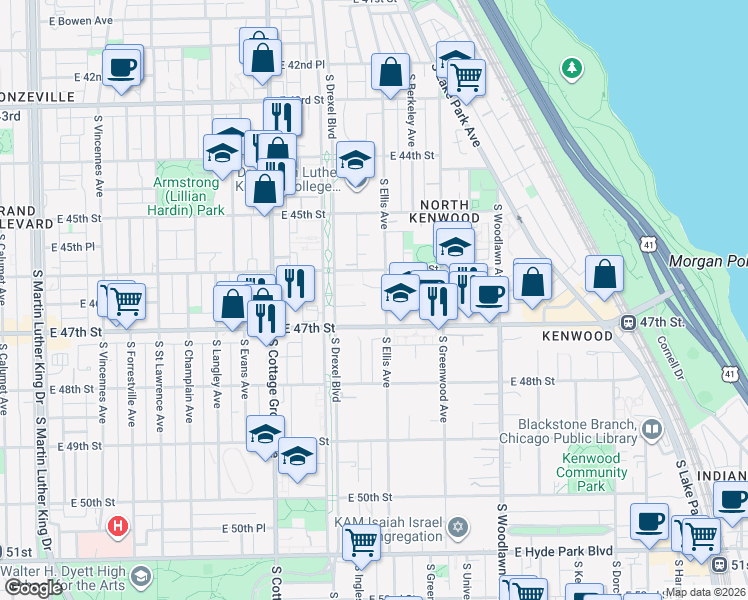 map of restaurants, bars, coffee shops, grocery stores, and more near 4624 South Ellis Avenue in Chicago