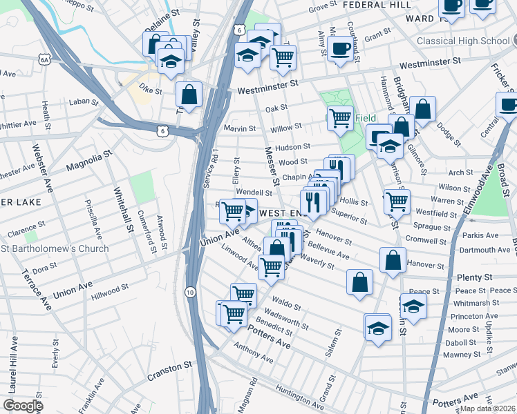 map of restaurants, bars, coffee shops, grocery stores, and more near 116 Wendell Street in Providence