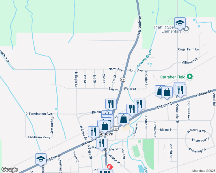 map of restaurants, bars, coffee shops, grocery stores, and more near 425 2nd Street in Geneva