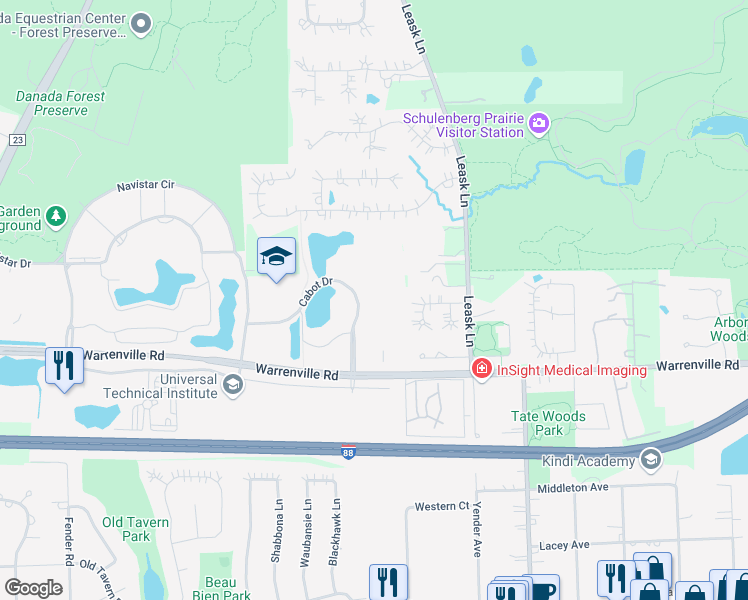 map of restaurants, bars, coffee shops, grocery stores, and more near 2300 Cabot Drive in Lisle