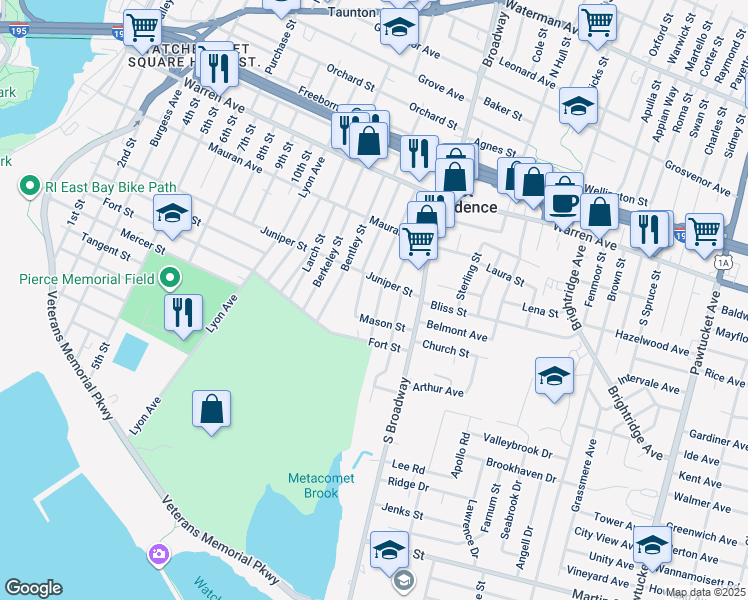 map of restaurants, bars, coffee shops, grocery stores, and more near 384 Juniper Street in East Providence