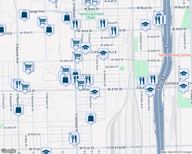 map of restaurants, bars, coffee shops, grocery stores, and more near 4553 South Lowe Avenue in Chicago
