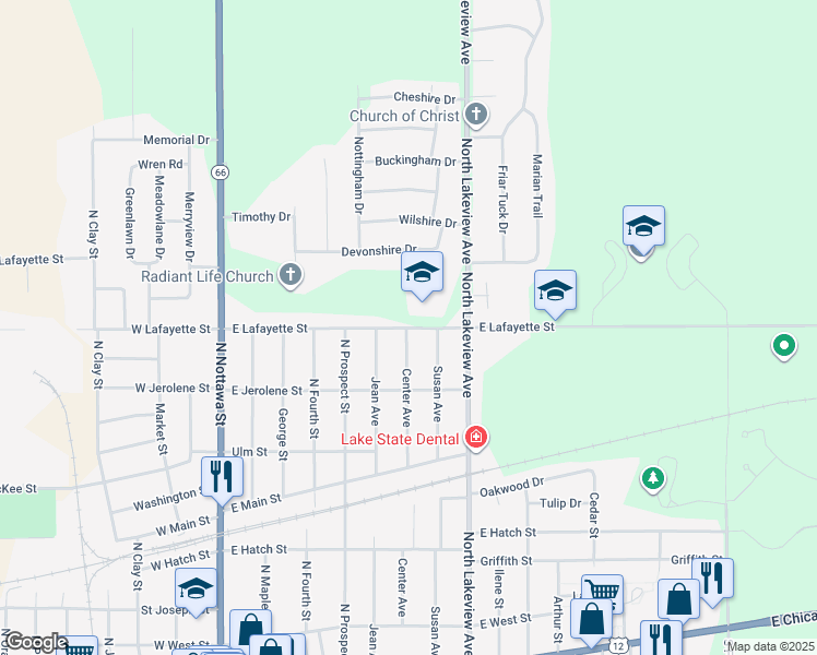 map of restaurants, bars, coffee shops, grocery stores, and more near 702 East Lafayette Street in Sturgis