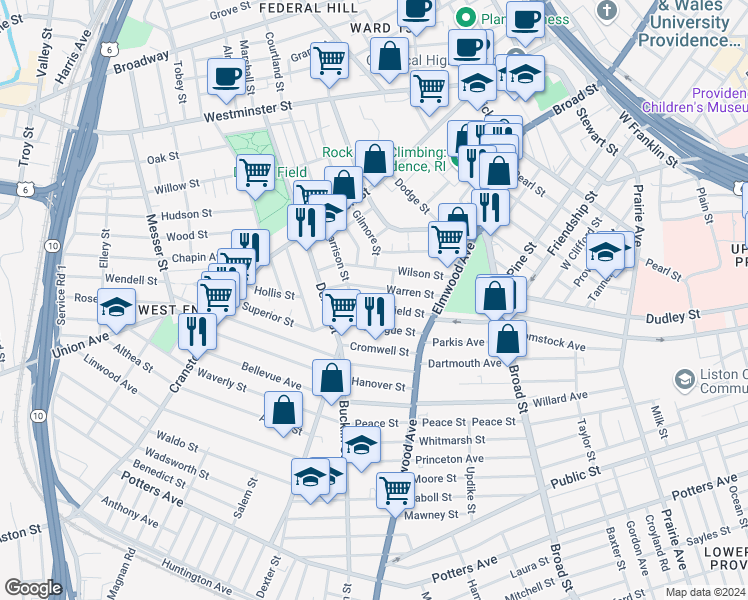 map of restaurants, bars, coffee shops, grocery stores, and more near 59 Warren Street in Providence