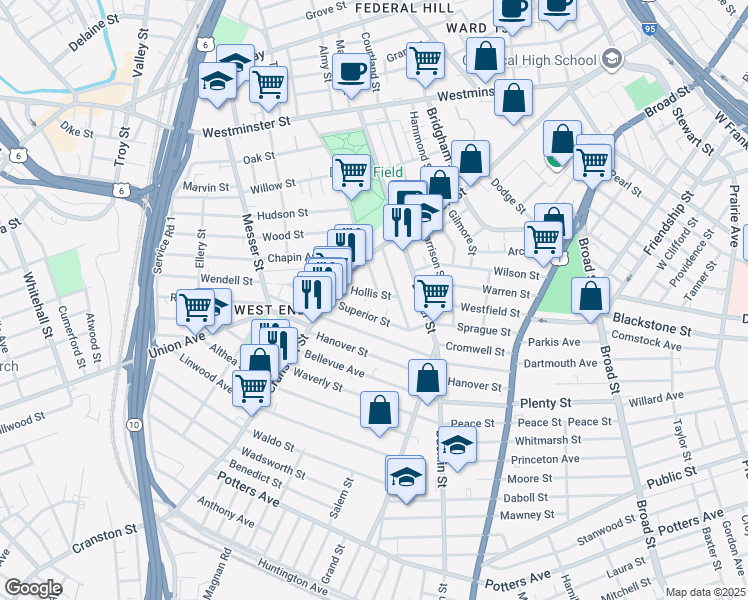 map of restaurants, bars, coffee shops, grocery stores, and more near 45 Diamond Street in Providence