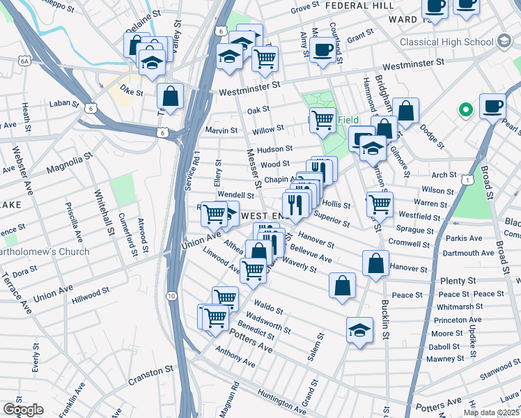 map of restaurants, bars, coffee shops, grocery stores, and more near 116 Wendell Street in Providence