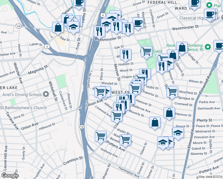 map of restaurants, bars, coffee shops, grocery stores, and more near 116 Wendell Street in Providence