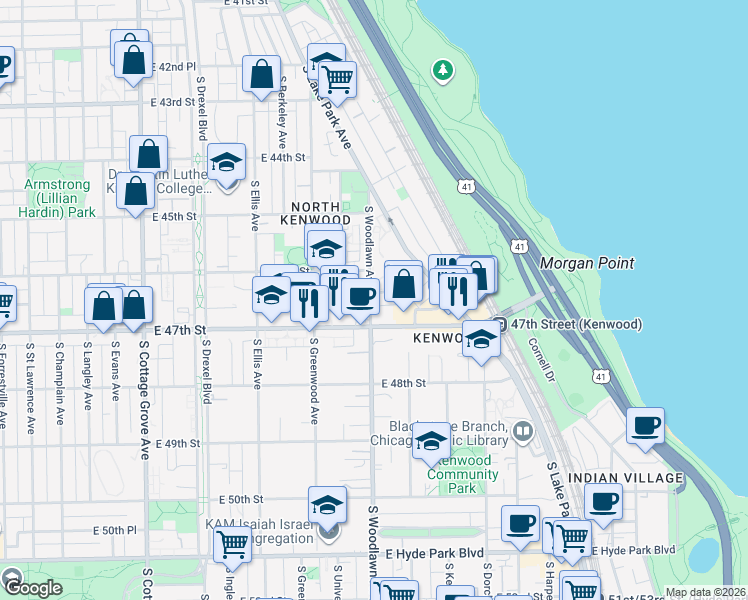 map of restaurants, bars, coffee shops, grocery stores, and more near 4610 South Woodlawn Avenue in Chicago