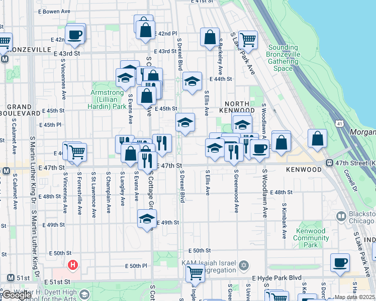 map of restaurants, bars, coffee shops, grocery stores, and more near 925 East 46th Street in Chicago