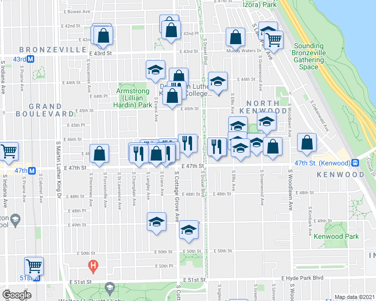 map of restaurants, bars, coffee shops, grocery stores, and more near 1141 East 46th Street in Chicago