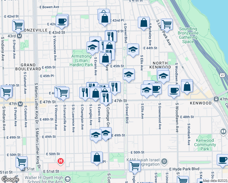 map of restaurants, bars, coffee shops, grocery stores, and more near 1141 East 46th Street in Chicago