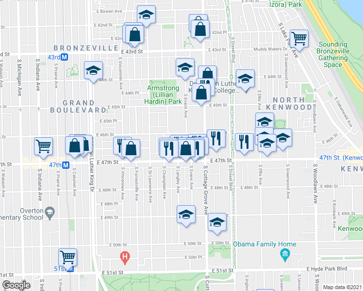map of restaurants, bars, coffee shops, grocery stores, and more near 4609 South Langley Avenue in Chicago