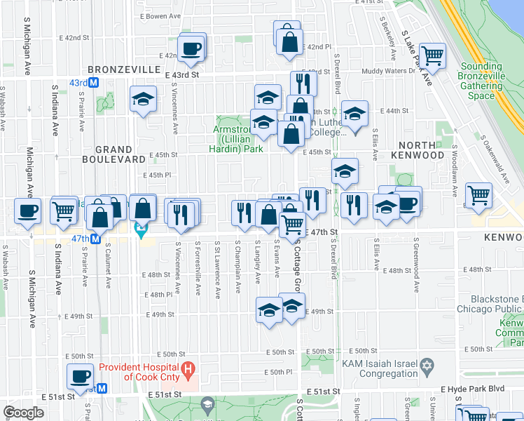 map of restaurants, bars, coffee shops, grocery stores, and more near 4604 South Langley Avenue in Chicago