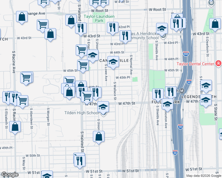 map of restaurants, bars, coffee shops, grocery stores, and more near 4553 South Lowe Avenue in Chicago