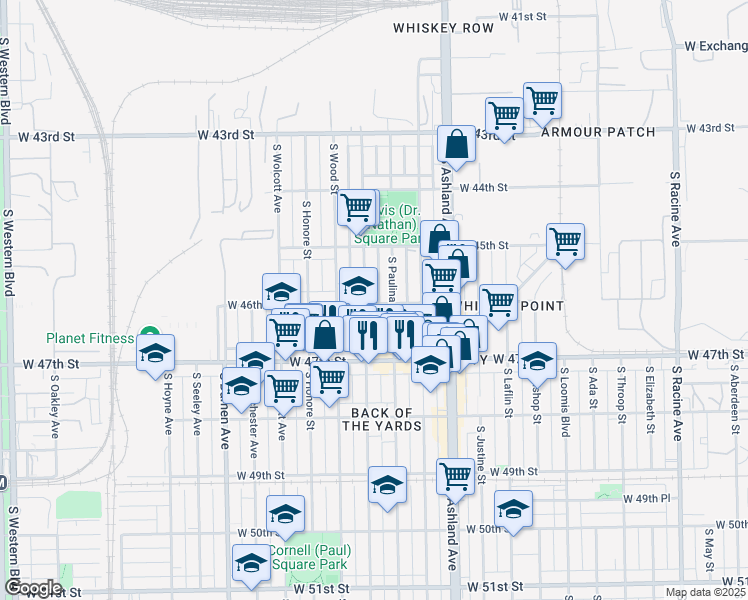 map of restaurants, bars, coffee shops, grocery stores, and more near 4538 South Hermitage Avenue in Chicago