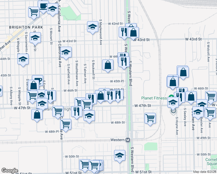 map of restaurants, bars, coffee shops, grocery stores, and more near 2461 West 45th Place in Chicago