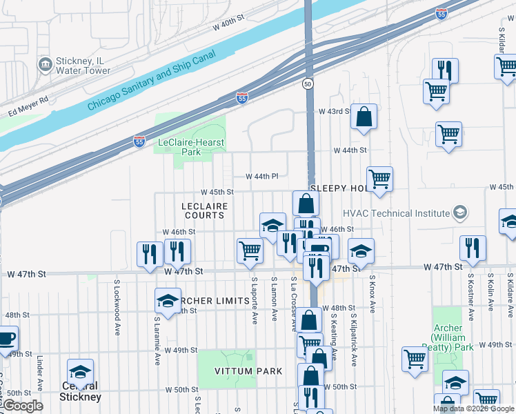 map of restaurants, bars, coffee shops, grocery stores, and more near 4506 South Laporte Avenue in Chicago