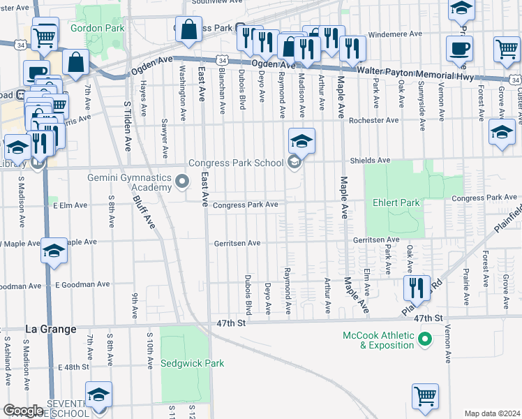 map of restaurants, bars, coffee shops, grocery stores, and more near 9434 Congress Park Avenue in Brookfield