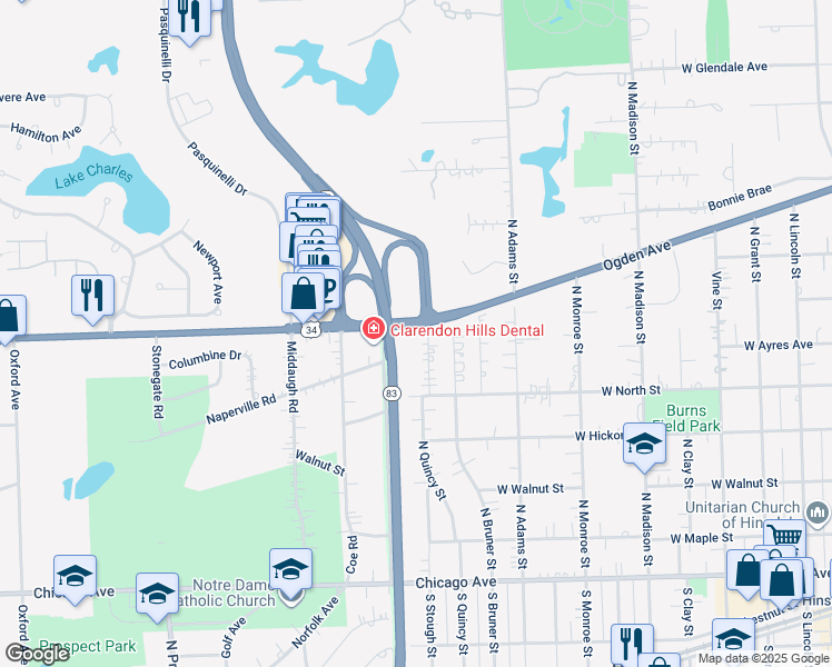 map of restaurants, bars, coffee shops, grocery stores, and more near 508 North Quincy Street in Hinsdale