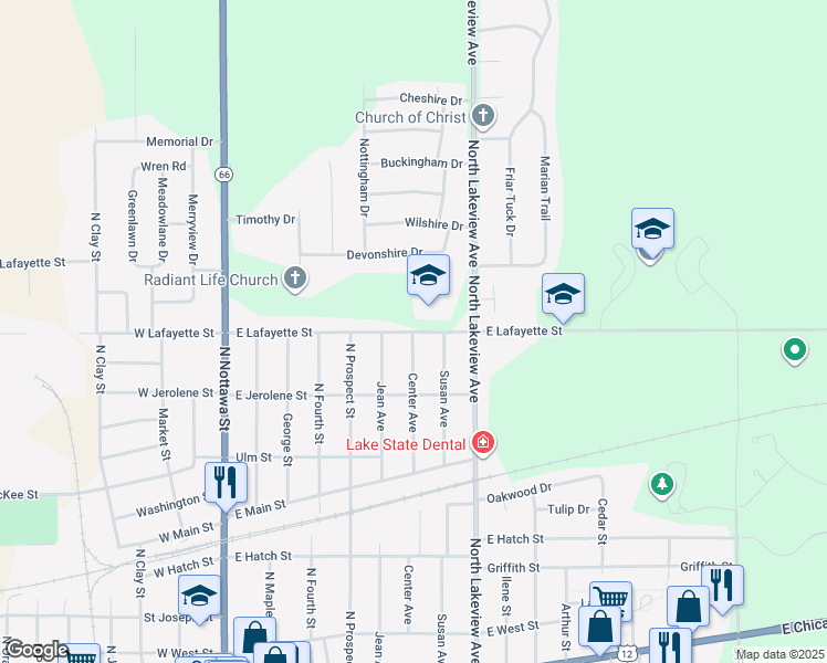 map of restaurants, bars, coffee shops, grocery stores, and more near 702 East Lafayette Street in Sturgis