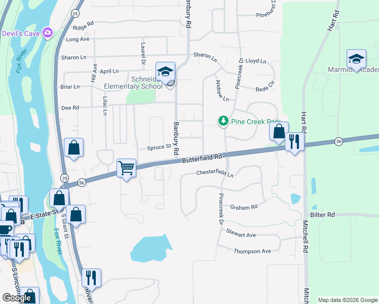 map of restaurants, bars, coffee shops, grocery stores, and more near 412 Spruce Street in North Aurora